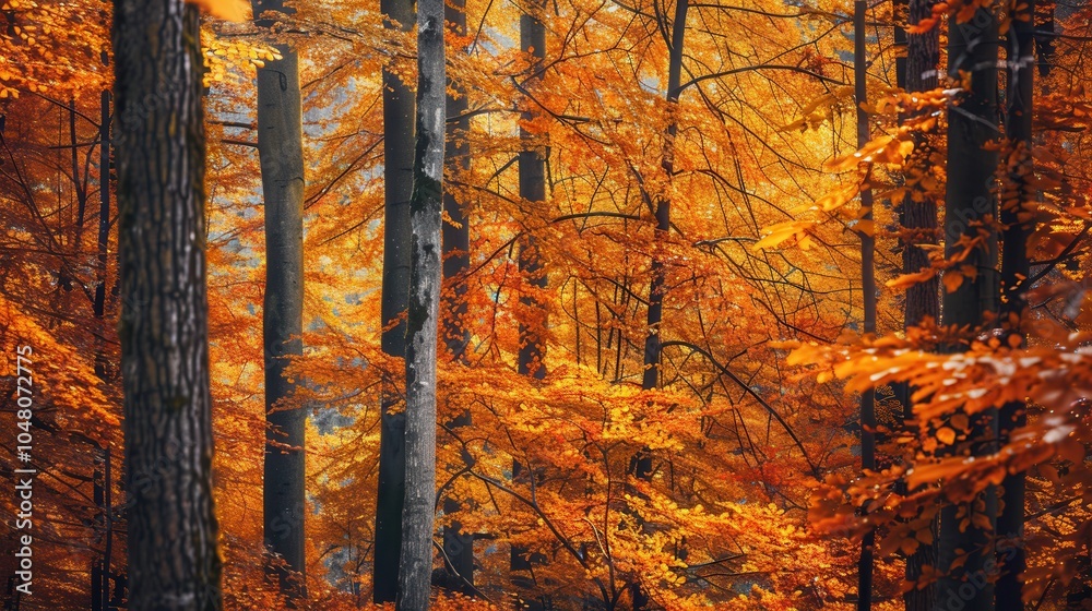 Leinwandbilder the golden hues of autumn illuminate a tranquil forest filled with trees showcasing vibrant fall fol