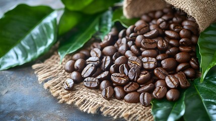 Fototapeta premium Fresh coffee beans with green leaves on a rustic backdrop.
