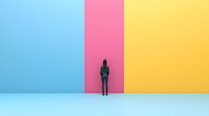 Woman Standing Against Colorful Walls  Decision Making Concept
