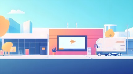 Modern City Building with Delivery Truck and Large Billboard