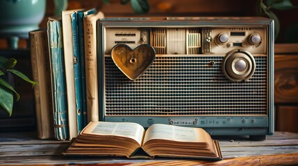 An open heart shaped book beside a vintage radio