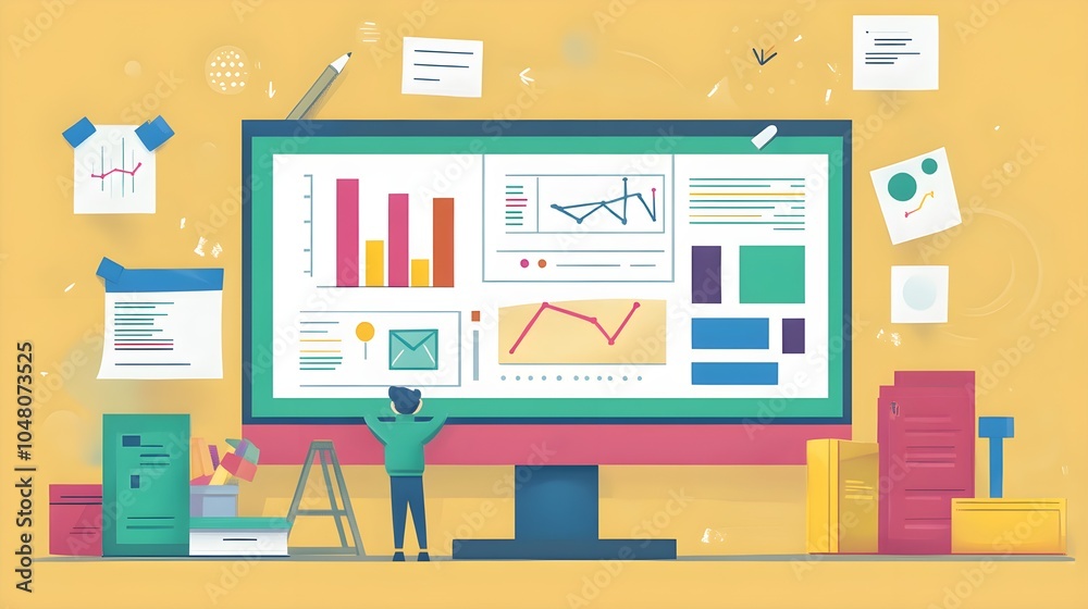 Poster business analytics and data visualization on computer monitor