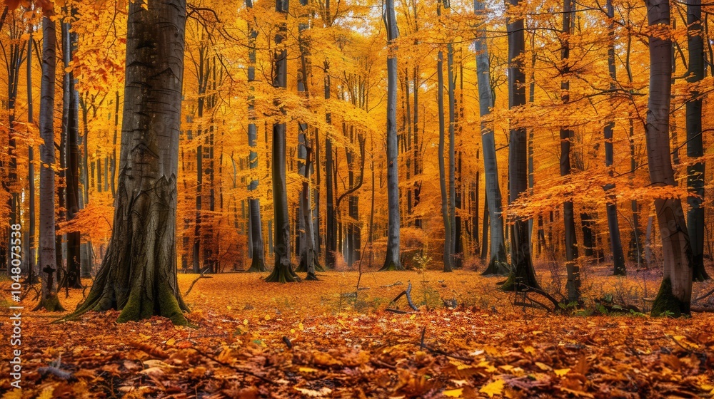 Poster golden leaves blanket the forest floor as sunlight filters through tall trees, creating a serene atm
