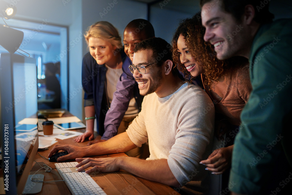 Poster Office, happy and business people with collaboration by computer for website, server and launch. Programming, team and IT developer with tech at night for backend development, testing and debugging