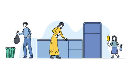 Vector illustration of cleaning the kitchen with the family. Modern flat in continuous line style.