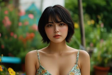 美しい花々に囲まれた女性が穏やかに微笑む夏の景色を楽しむシーン