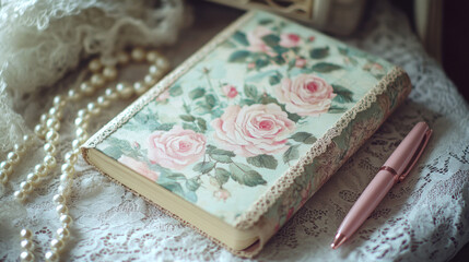 Vintage floral diary with pen on lace fabric and pearl necklace, embodying elegant girlhood and beauty lifestyle
