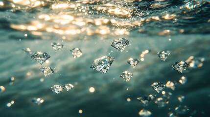 Diamonds floating in water, creating a shimmering effect under the surface