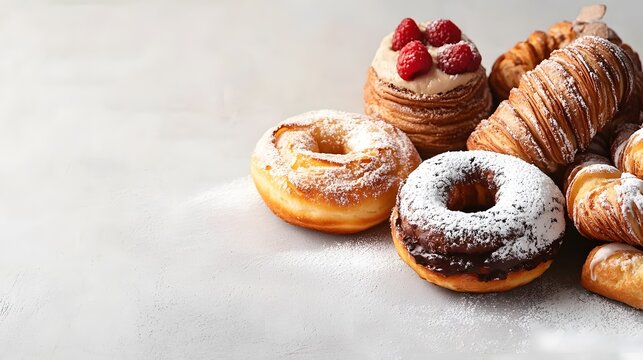 Fresh pastries and donuts on a light background