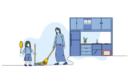 Vector illustration of a mother and daughter are sweeping the kitchen floor. Modern flat in continuous line style.