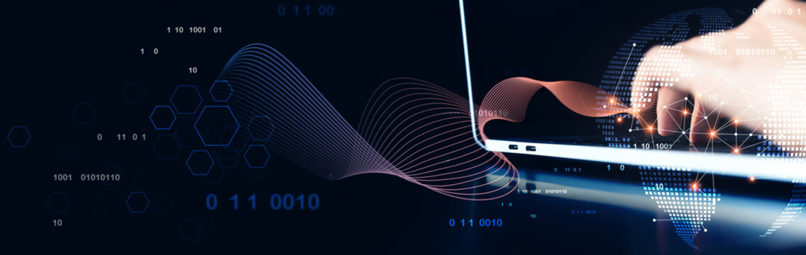 Abstract technology background, internet global network connection, digital transformation concept. Using laptop computer with big data and networking, data science, futuristic, innovative technology