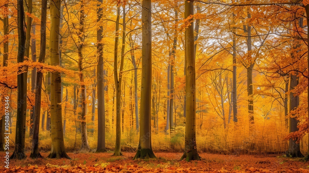 Aufkleber A stunning display of autumn colors as golden leaves adorn tall trees, creating a peaceful forest atmosphere during fall. Generative AI