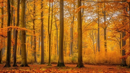 Fototapeta premium A stunning display of autumn colors as golden leaves adorn tall trees, creating a peaceful forest atmosphere during fall. Generative AI