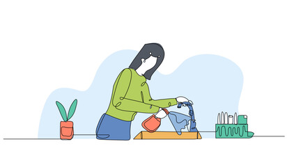 Vector illustration of a woman is cleaning the sink. Modern flat in continuous line style.