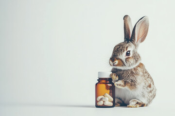 A rabbit beside a bottle of pills, suggesting themes of health or medication.
