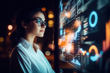 Naklejka premium A woman analyzes data on a digital screen at night, showcasing technology and analytics.