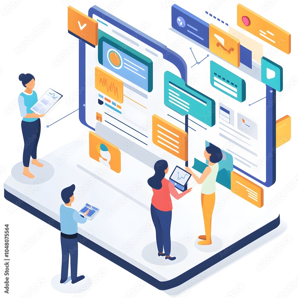 Poster business team analyzing data on a large screen with charts and graphs