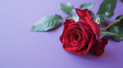 Fototapeta premium A single red rose lays on a purple background.