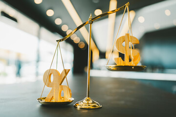 Dollar and percent  symbol with balance scale. Money management, financial plan, time value of...