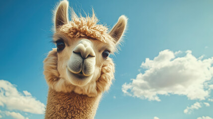 A close-up of a smiling llama against a bright blue sky with fluffy clouds.