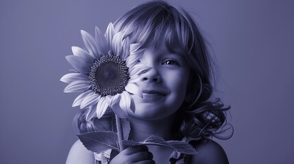 A young girl smiles with a sunflower covering part of her face.