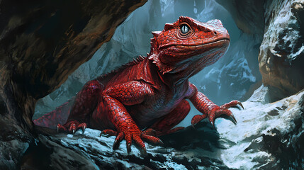 Ruby basilisk in a deep cave its scales glinting like precious stones with a hypnotic gaze that petrifies onlookers. Basilisk Gaze. Illustration