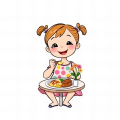 cartoon girl eating a meal with a plate of food on a table.