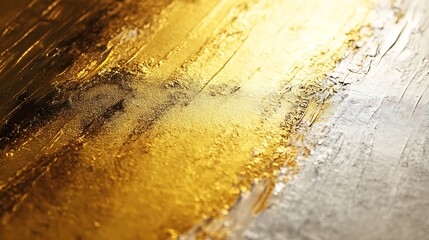 An abstract close-up of gold and silver paint strokes blending on a canvas