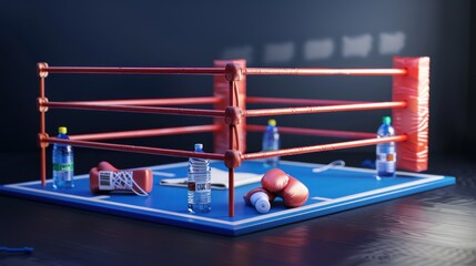 Boxing Ring with Gloves, Water Bottles, and Tape