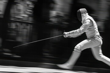 A fencer lunging forward sword aimed at the opponent, body angled for speed and precision