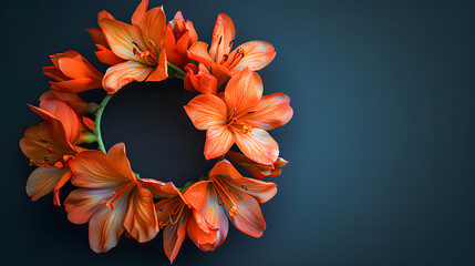 Obraz premium Wreath of orange flowers on black background copy space