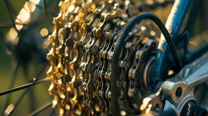 Close up of a bike rear derailleur chains intricately arranged