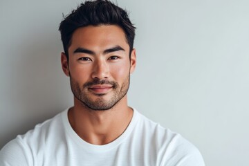 Fototapeta premium 男性が白いシャツを着て微笑み、明るい壁の前で自信に満ちた表情を見せる瞬間