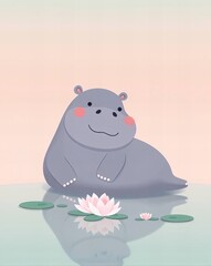 there is a cartoon hippo sitting on the water with a flower.