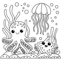 Naklejka premium Coloring pages. Tropical fish, seashell, jellyfish and starfish vector illustration. Outline underwater scene. Black and white exotic marine bottom life. Cartoon doodle butterflyfish and shells