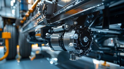 Fototapeta premium Close up of a bus rear wheel and suspension components