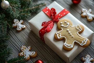 Flat Lay of Gingerbread Man Cookies with White Icing and Star-Shaped Sugar Decorations on Emerald Green Background, Glistening in Light
