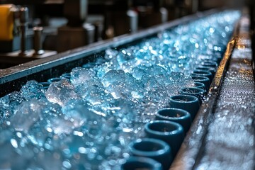 Fototapeta premium Close-up of Ice Cubes on a Conveyor Belt with Blurred Blue Cylinders