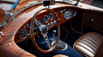 Close up of a classic car wooden dashboard