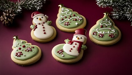 Obraz premium Colorful Christmas Cookies Decorated with Green, White, and Red Icing, Featuring Christmas Trees, Snowmen, and Stars on Dark Maroon Background, Capturing Holiday Warmth and Festive Details
