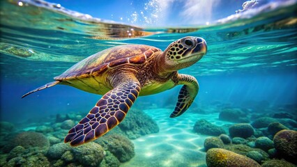 Obraz premium Threatened Hawaiian Green Sea Turtle swimming in Pacific Ocean in Hawaii