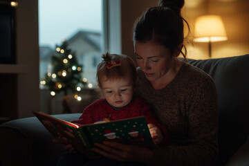 Mother reading bedtime story to her baby