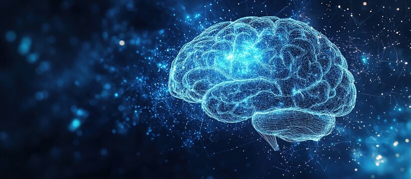 Abstract Digital Brain Representation. Abstract blue human brain. brain anatomy. Healthcare medical concept with copy space on the right side. AI generated image