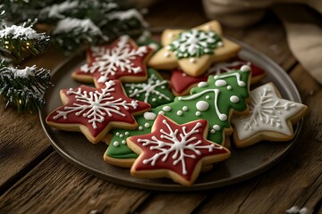 Close-Up of Decorated Christmas Cookies in Red and Green Colors with Snowflakes, Stars, and Trees Against a Festive Background, Featuring Insanely Detailed High-Resolution Photography