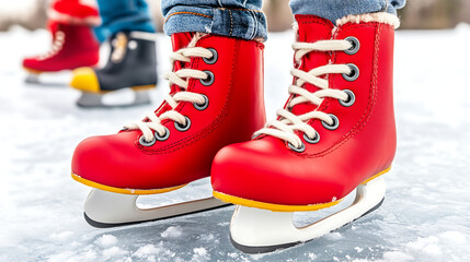 Bright red ice skates on frozen surface, showcasing joy of winter sports. skates are laced up and ready for fun on ice, perfect for family activities