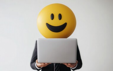 Develop a smiling businessman emoji holding a laptop, designed on a crisp white background, representing productivity and modern business in a simple style 