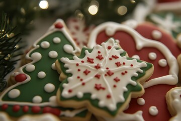 Close-Up of Decorated Christmas Cookies in Red and Green Colors with Snowflakes, Stars, and Trees Against a Festive Background, Featuring Insanely Detailed High-Resolution Photography