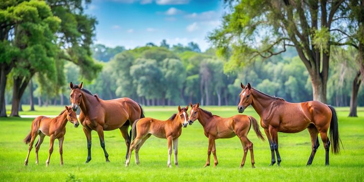 Thoroughbred horse mares and foals grazing in vibrant Ocala Florida pasture with selective focus