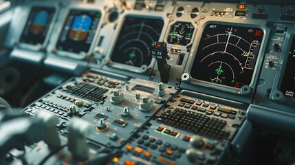 Obraz premium Close up of an airplane cockpit with detailed navigation systems