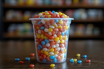 Colorful Candy in a Clear Plastic Cup on a Wooden Table
